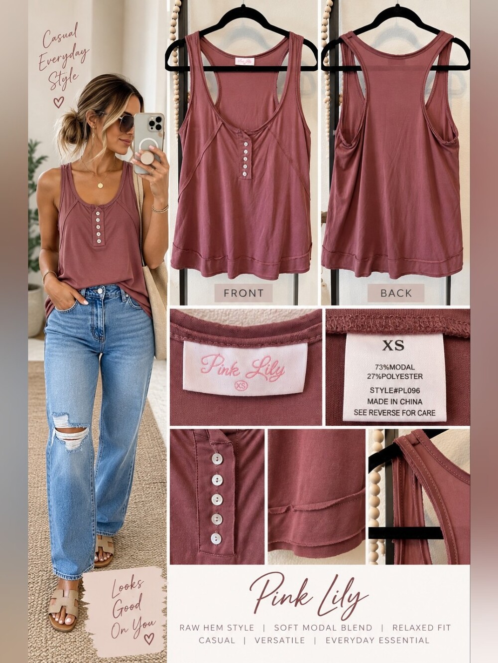 Pink Lily Mauve Raw Hem Button Front Tank Top XS